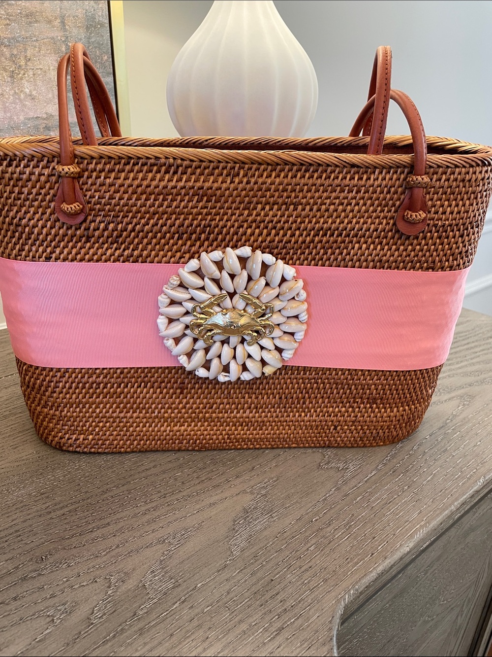 Woven Brown Straw Tote with Pink Ribbon and Shell Accent
